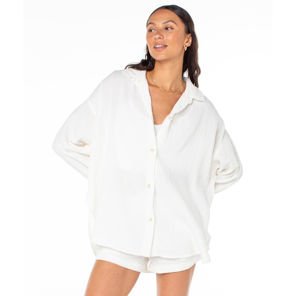 NWT Roxy Morning Time White Oversized Button Up Beach Shirt Small